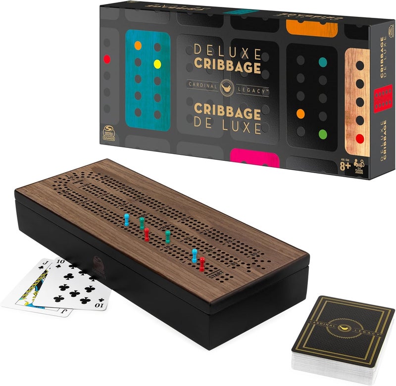 Spin Master Games Legacy Deluxe Cribbage Classic Game with Lined Wooden Case and Colored Metal Movers, Family Game for 2 to 4 Players Ages 8 and up - Image 1